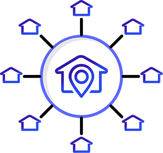 Central home icon with location pin connected to other homes