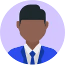 Profile icon of a stylized male figure with black hair and a blue suit