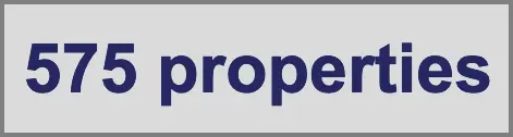A sign with the text '575 properties' written in bold, dark blue letters on a light gray background.
